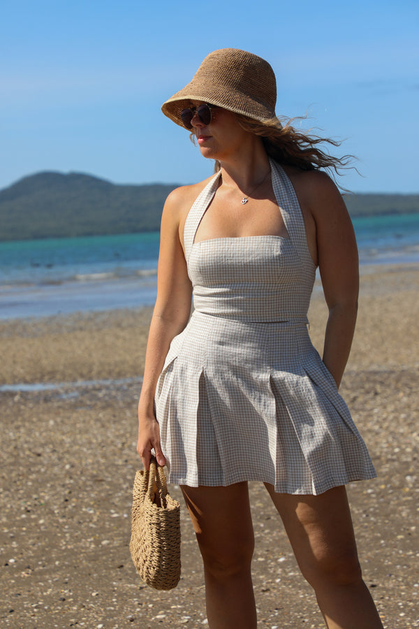 Riviera Linen Pleated Skirt in Oat Gingham | Olive & Oath