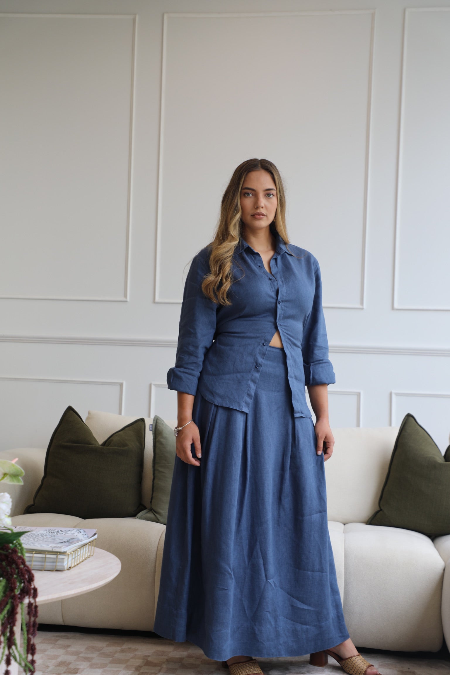 Riviera Midi Linen Pleated Skirt in Midnight | Olive & Oath