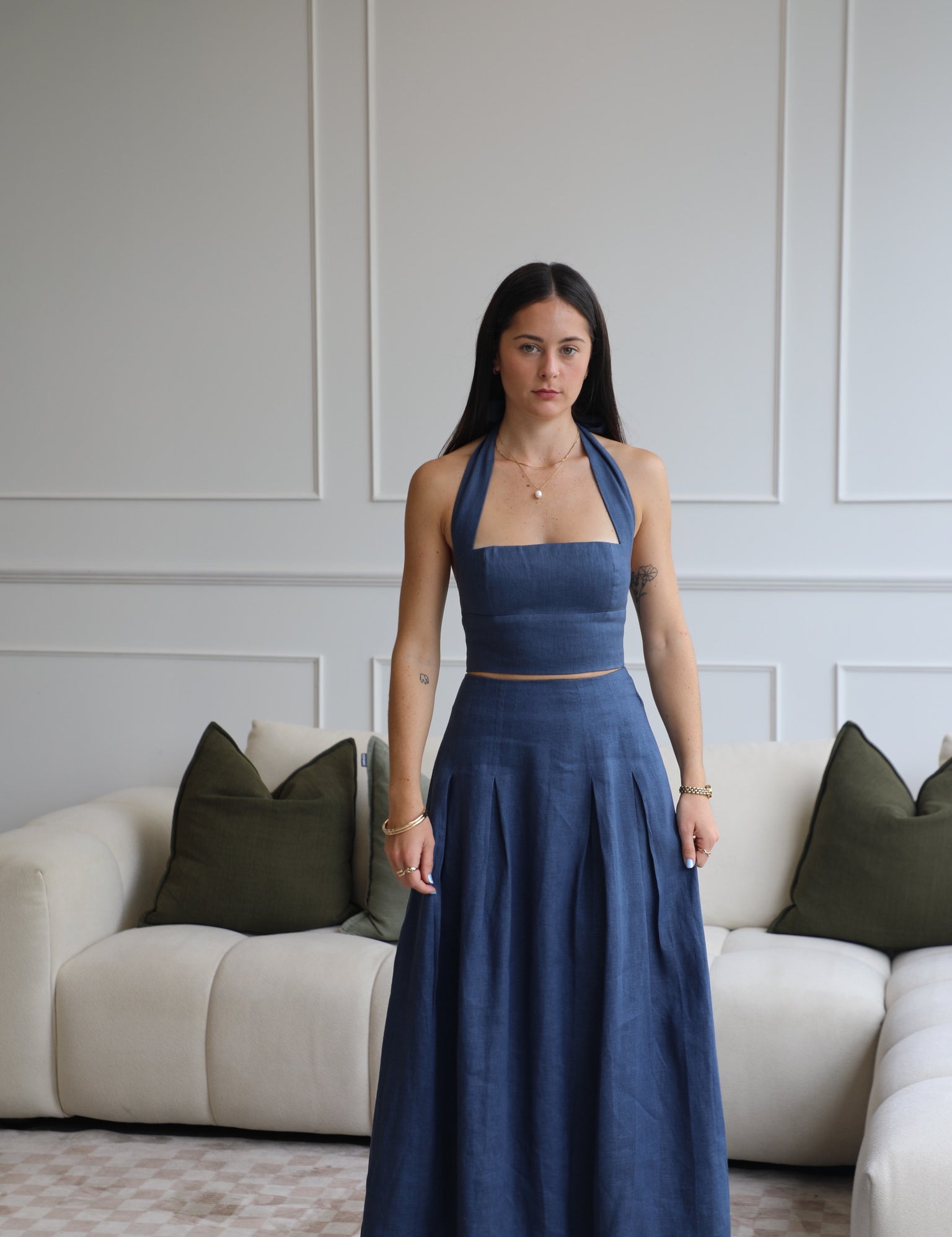 Riviera Midi Linen Pleated Skirt in Midnight | Olive & Oath