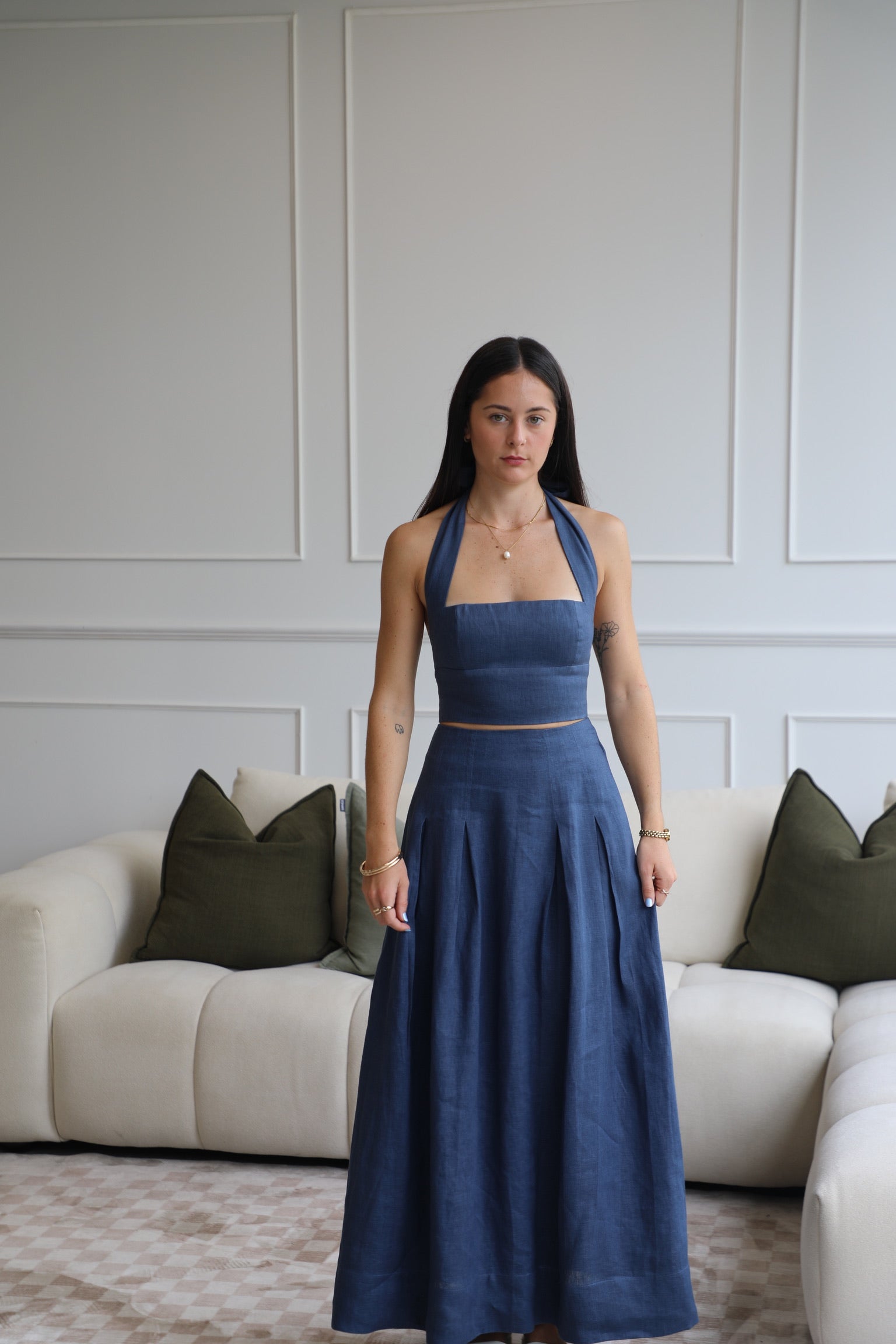 Riviera Midi Linen Pleated Skirt in Midnight | Olive & Oath