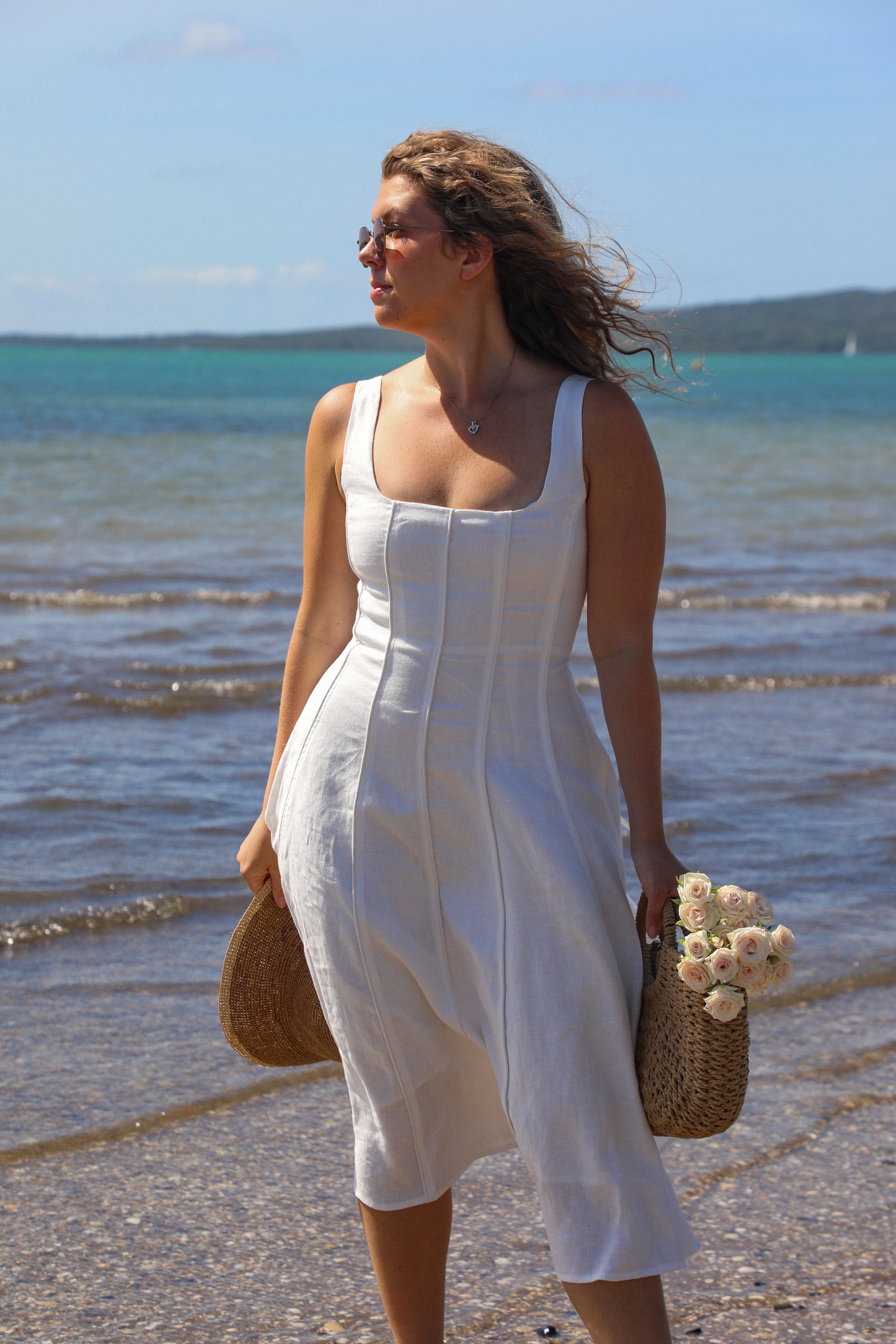 white linen dress nz Verlaine White Linen Blend Maxi Dress