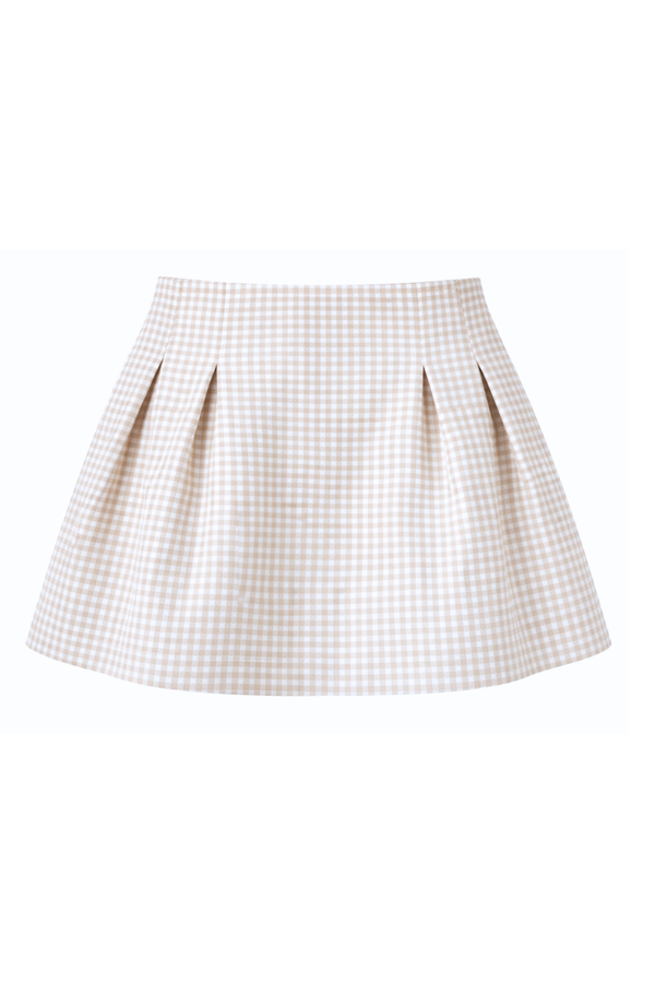 Riviera Linen Pleated Skirt in Oat Gingham | Olive & Oath