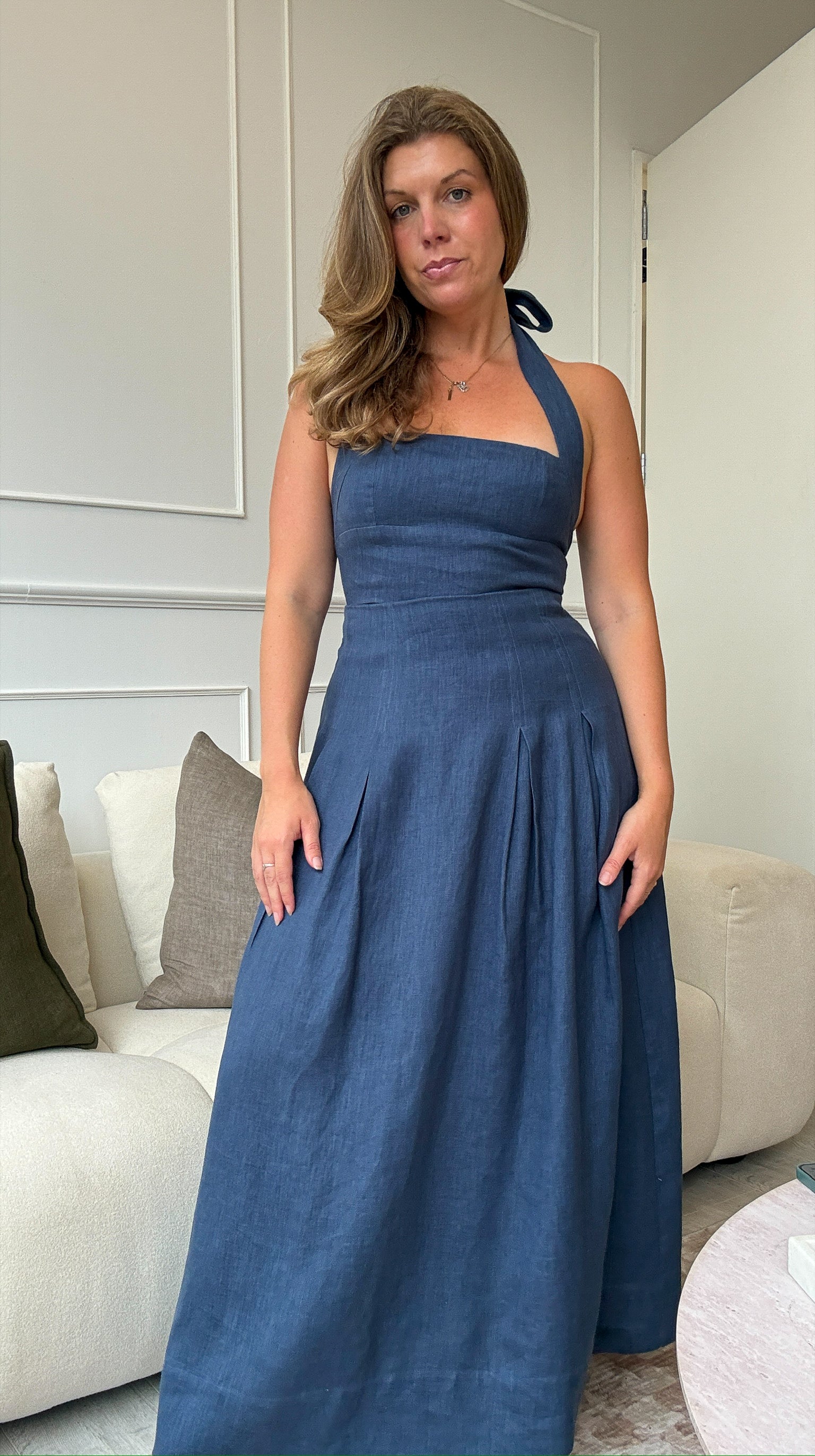 Riviera Midi Linen Pleated Skirt