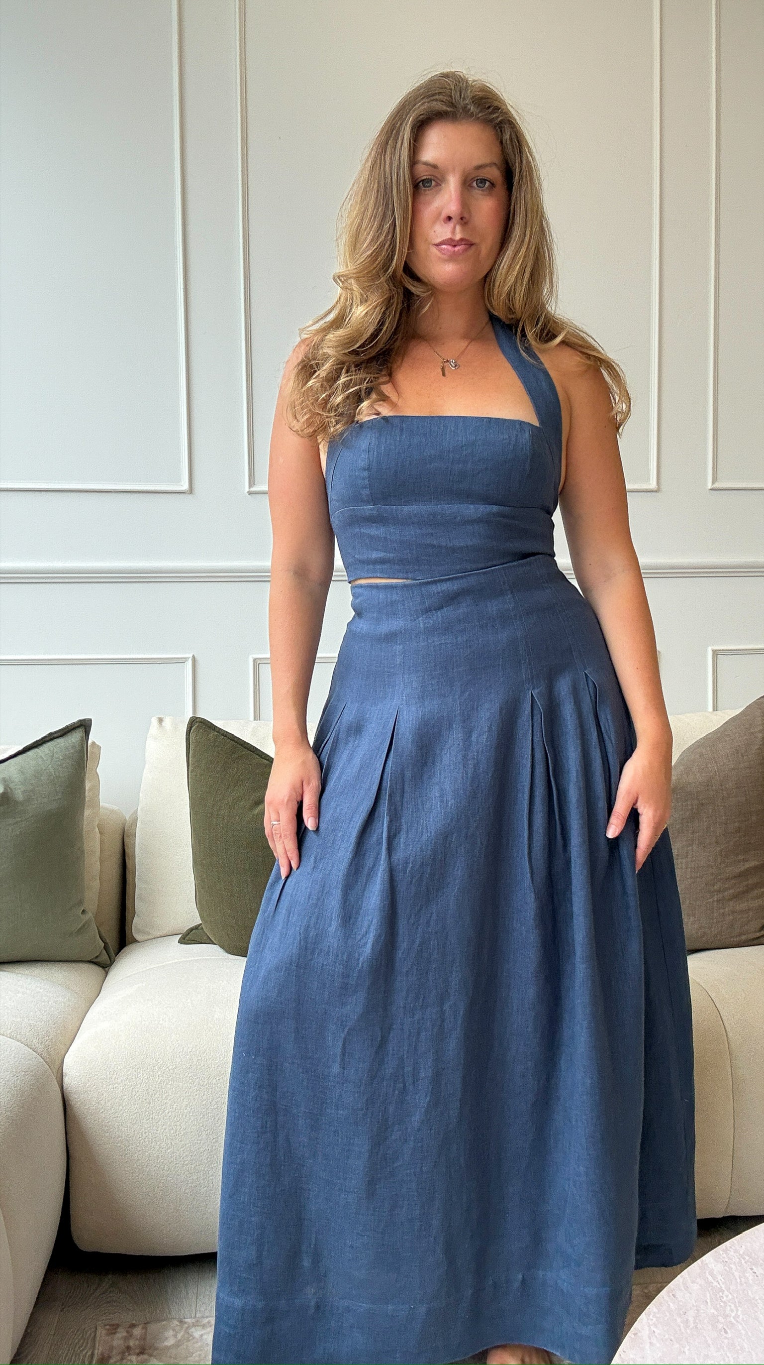 Riviera Midi Linen Pleated Skirt