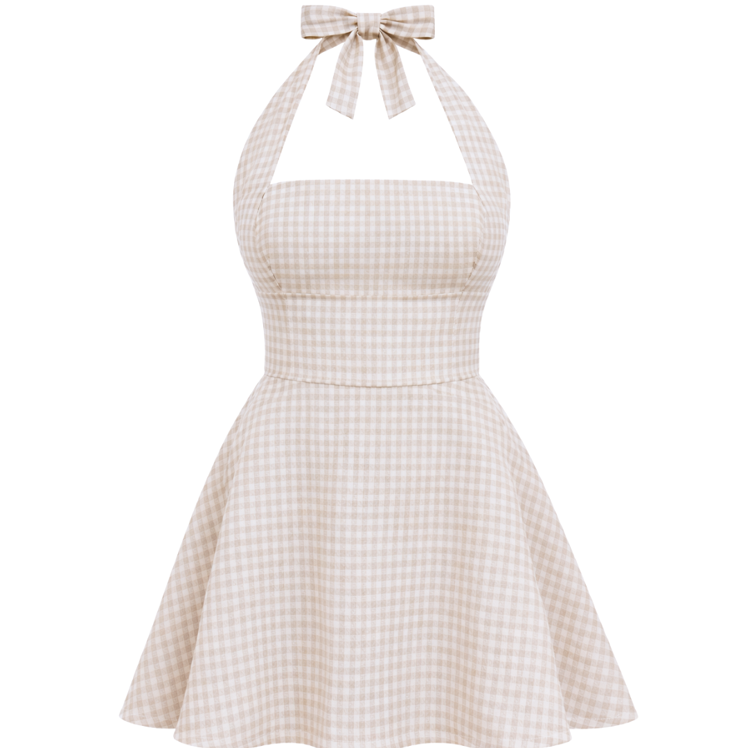 Cocktail Palma Dress in Oat Gingham – flat lay | Olive & Oath