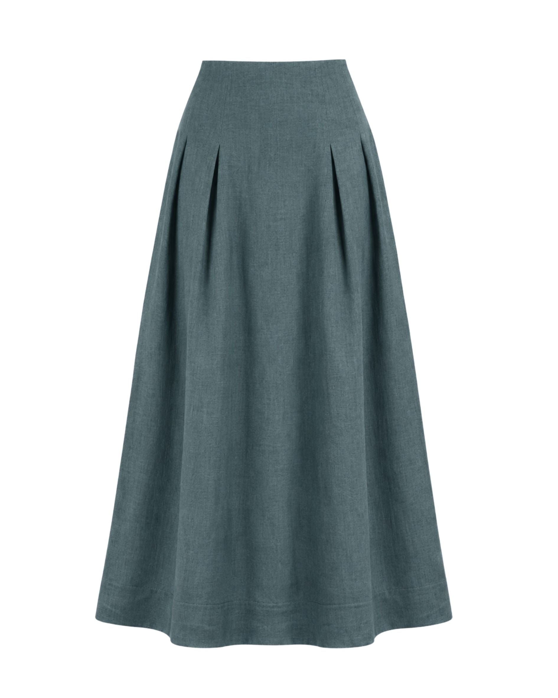 Riviera Midi Linen Pleated Skirt - Sea Moss