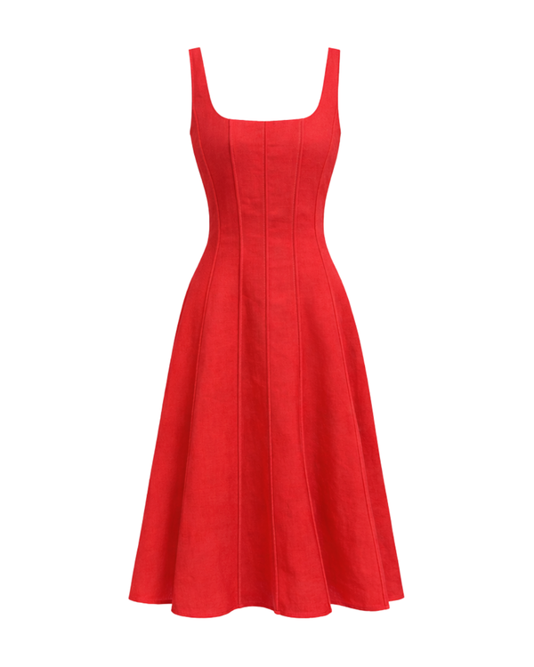 Torino Linen Dress in Ruby – flat lay | Olive & Oath
